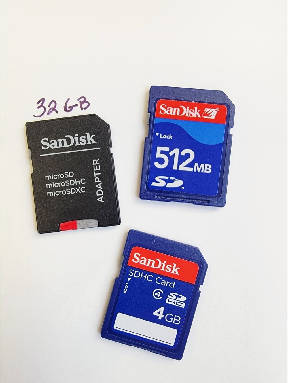 SD Cards Sandisk Memory Cards Adapter Lot Of 3 - 32GB/4GB/512MB